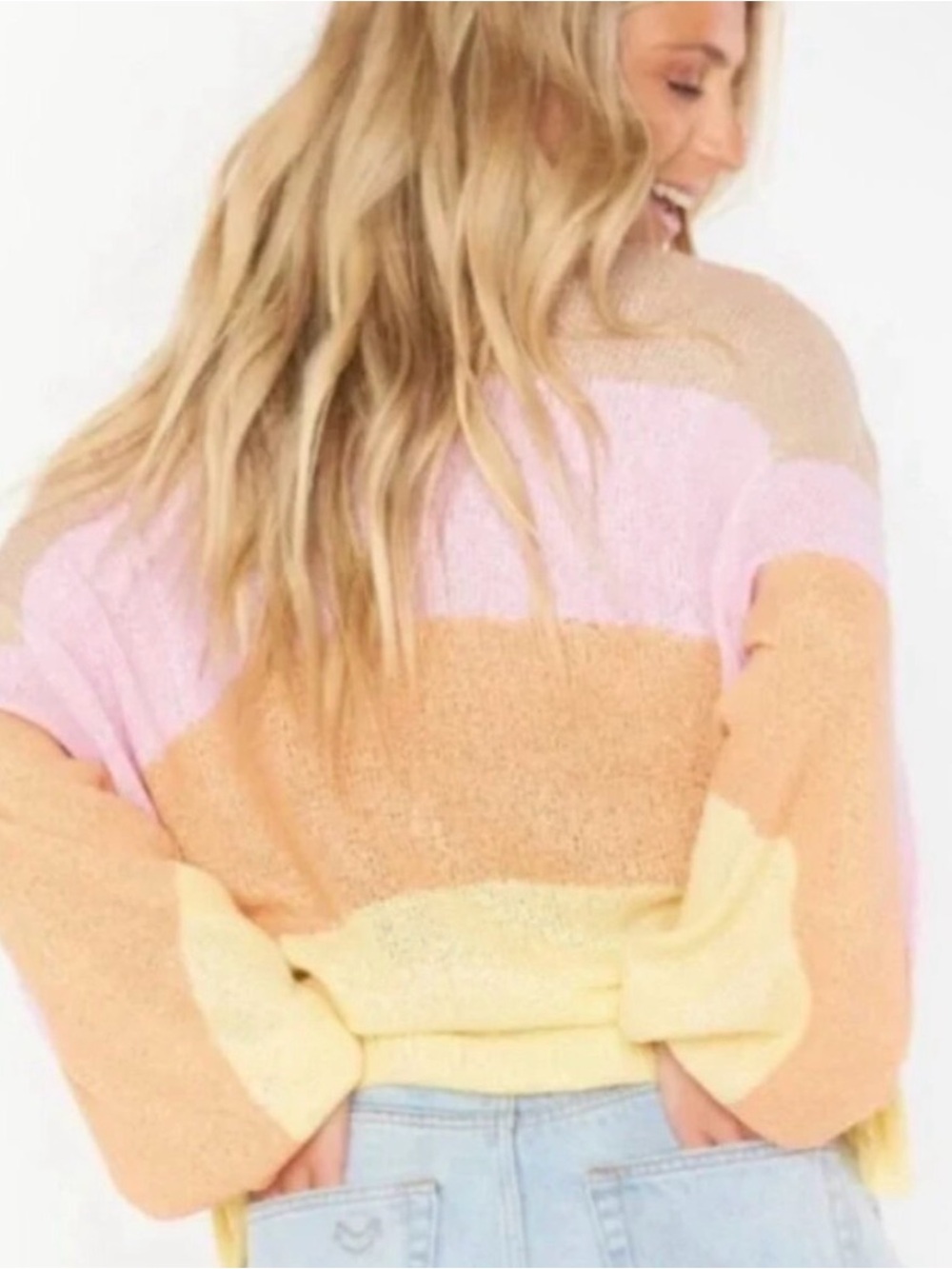 Show Me Your MuMu Pastel Colorblock Crewneck Sweater - Yellow, Pink, Orange, Tan - Picture 2 of 8